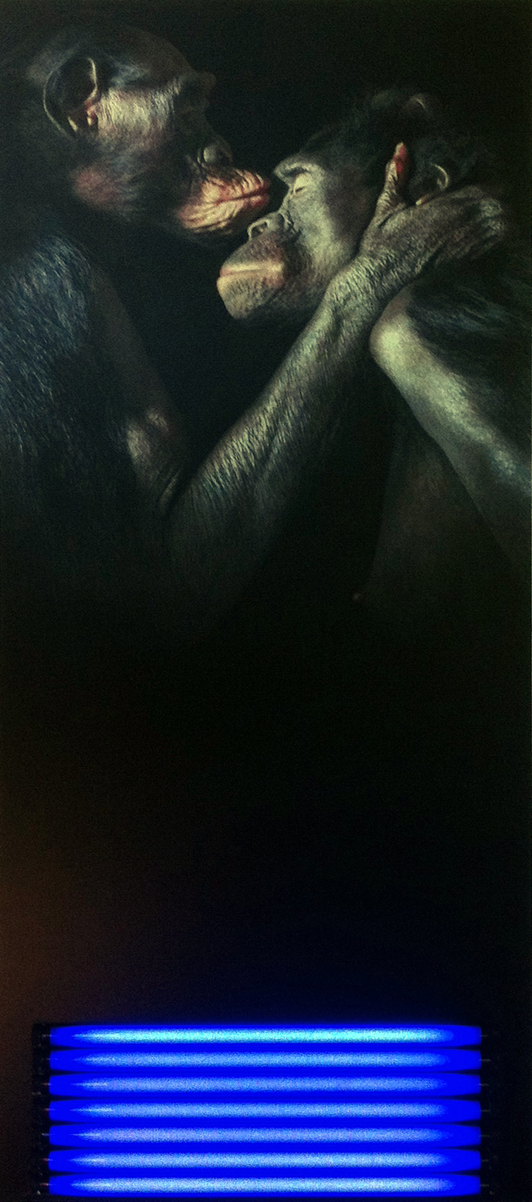 Le silence au baiser  2013   photographie sur pvc, peinture numérique, néons   170cm x 72cm